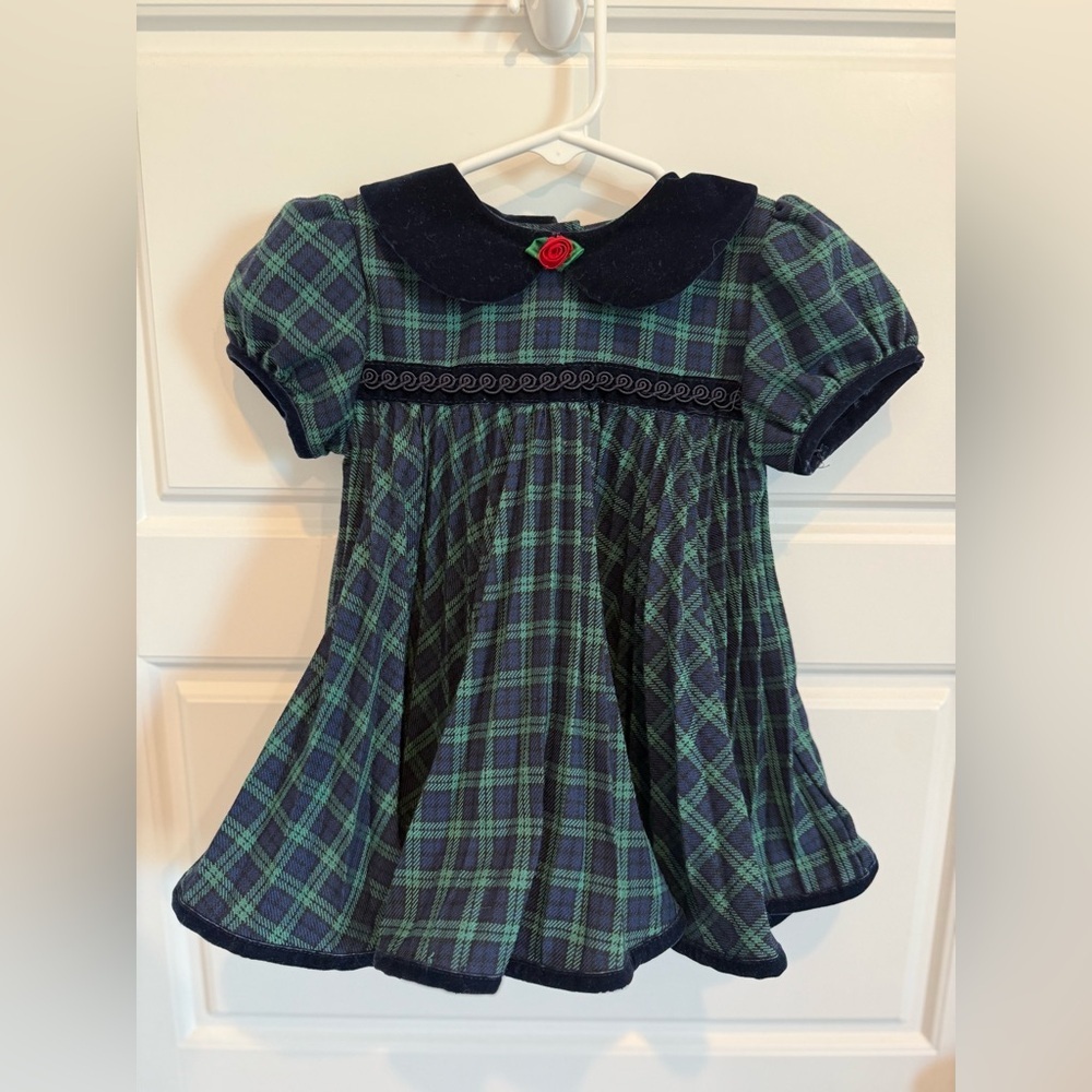Vintage 80s 90s Girl Plaid Christmas Holiday Dress Collar 12M Velvet Okie Dokie